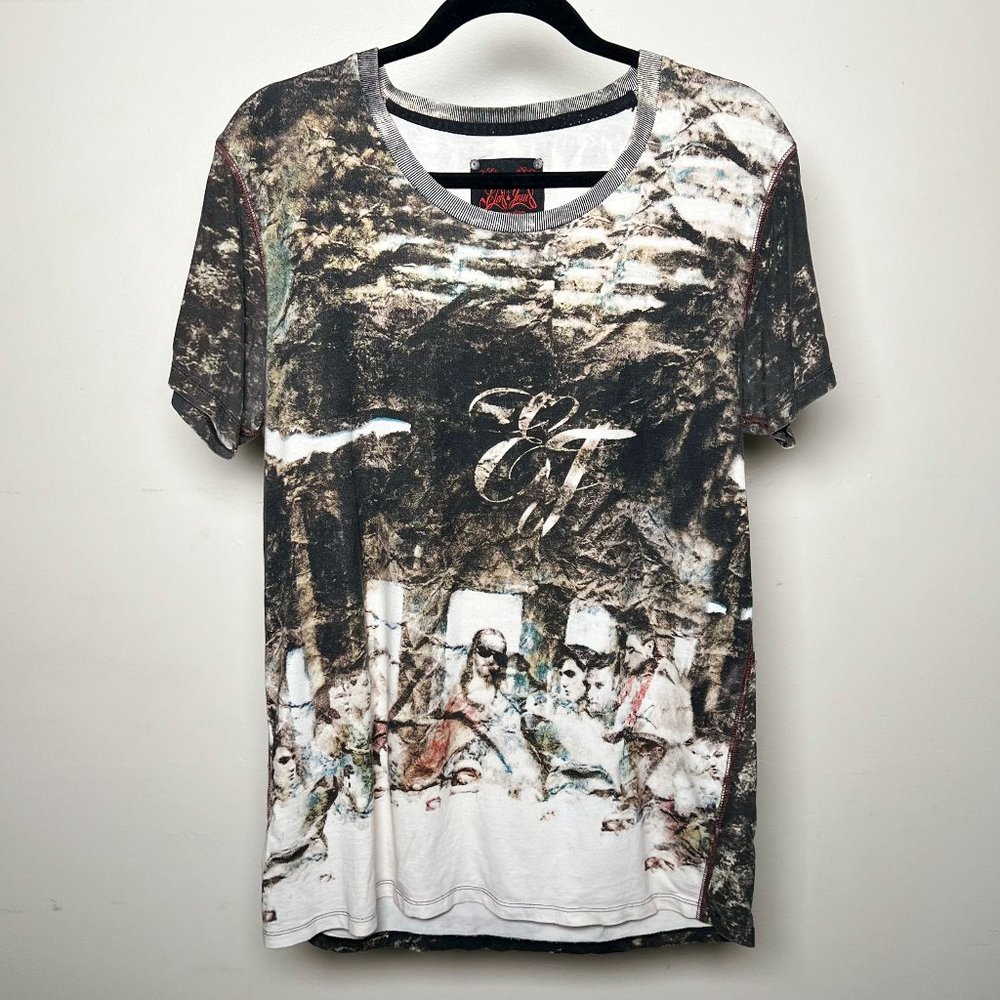 Elvis + Jesus Last Supper Black and White Graphic Art T-Shirt Size M